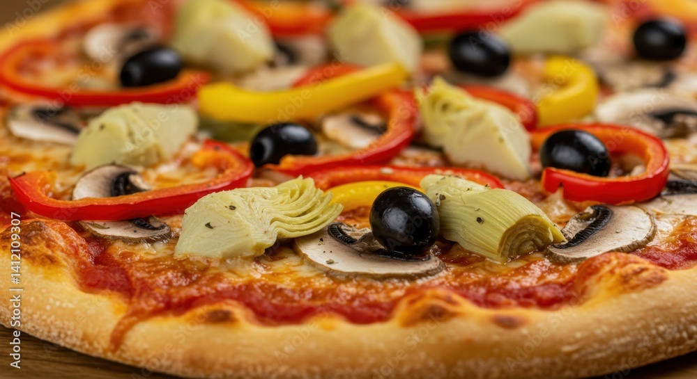 Delicious Vegetarian Pizza with Artichoke, Mushrooms, Peppers, and Olives A Close-Up View of a Gourmet Pizza Delicious Vegetarian Pizza with Artichoke, Mushrooms, Peppers, and Olives A Close-Up View of a Gourmet Pizza