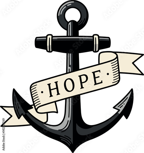Black nautical anchor with beige ribbon displaying hope text in detailed vector illustration