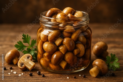 Delicious Pickled Mushrooms in a Glass Jar With Fresh Herbs on Rustic Wooden ...