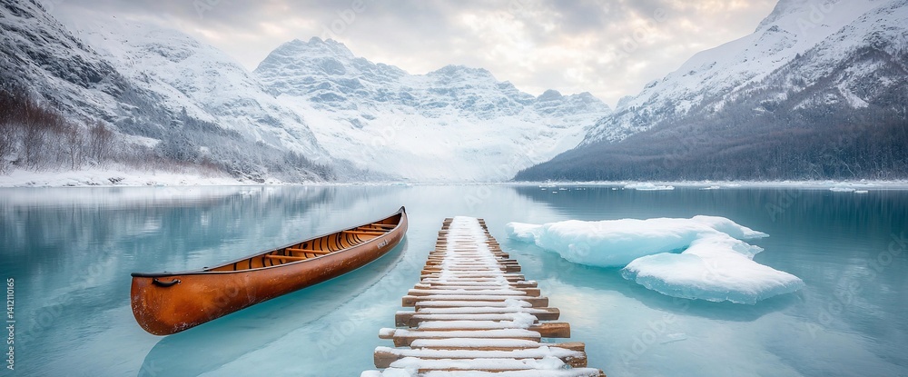 Winter serenity on a glacial lake. A canoe rests on the still waters, a wooden pier leads to a frozen expanse