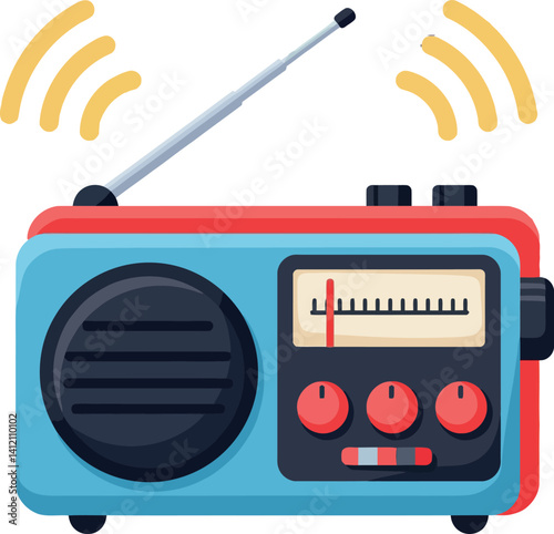 Retro portable radio with antenna and sound waves flat design vector art