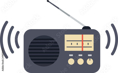 Retro portable radio with antenna and sound waves flat design vector illustration