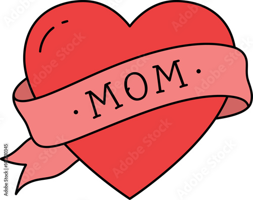 Red heart with pink ribbon and mom text in minimal flat design vector illustration