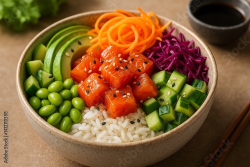 Fresh and Colorful Poke Bowl With Tuna, Avocado, and Vegetables on a Light Ba...