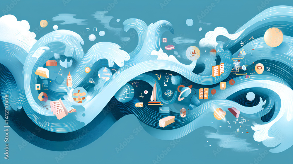 Obraz premium Peaceful ink illustration of flowing waves carrying symbols of art education and communication representing soft global reach and cultural influence 