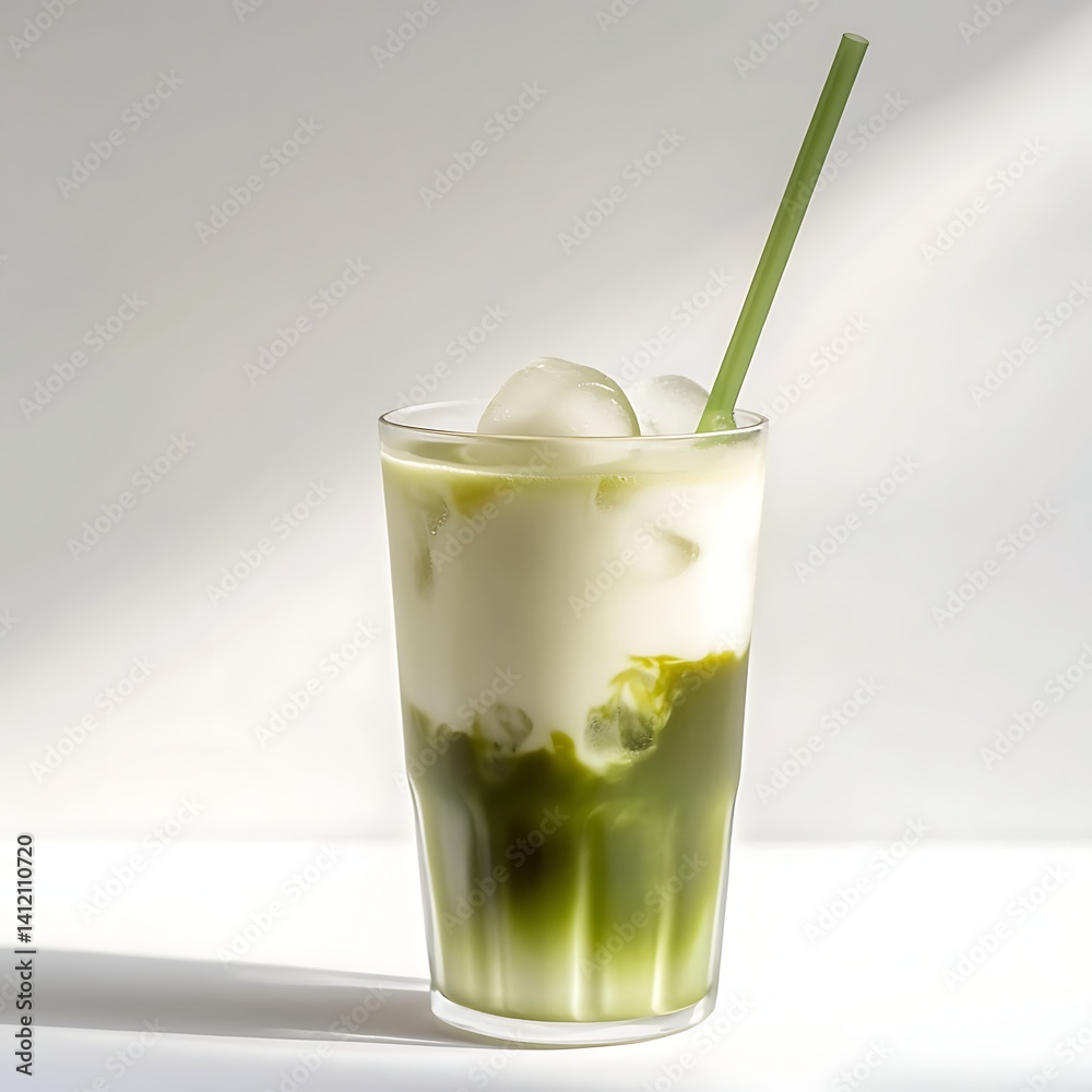 Iced matcha latte, glass with straw, green and white color gradient Iced matcha latte, glass with straw, green and white color gradient