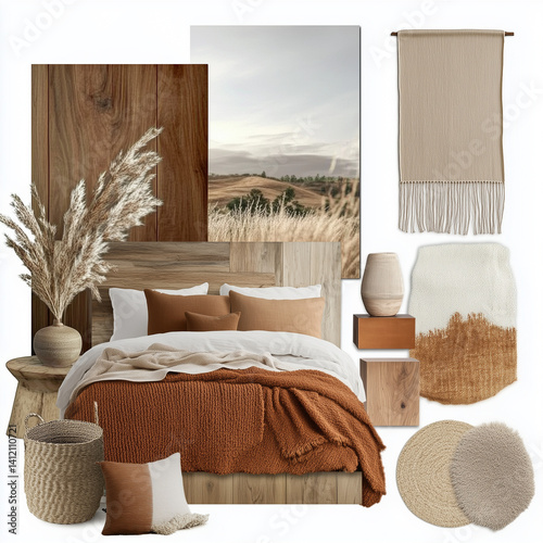 Create a material board for a bedroom featuring warm wood tones, and neutral paint colors, combined with soft rust coloured boucle fabric. The board should evoke a natural