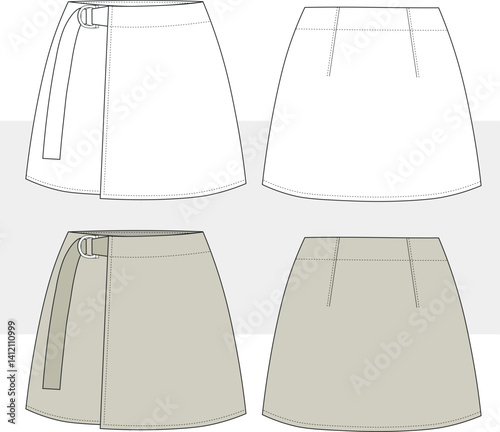 Women mini wrap skirt with belted detail fashion drawing, flat sketch, technical fashion illustration, vector. Front and back view, Cad, Mockup.