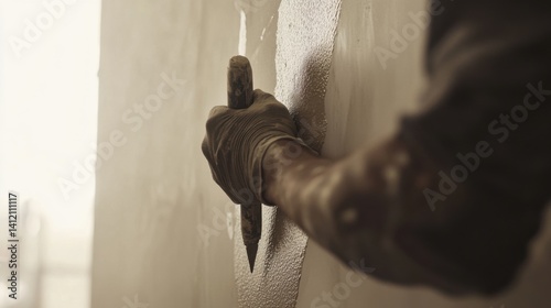 Drywall installer smoothing drywall joint in a room. Featuring expertise and finesse