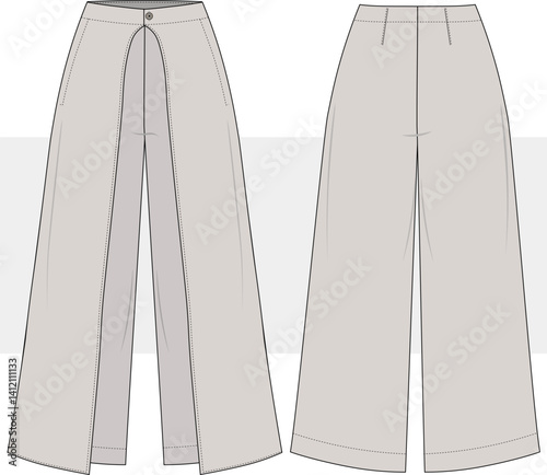 Women wrap pants  fashion flat technical drawing illustration, vector.  Wide leg, relaxed fit, oversize pants, front and back view, CAD mockup set.