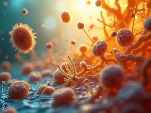 Visión microscópica vibrante y abstracta de diversas colonias de bacterias intestinales