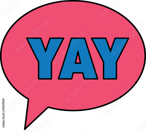 Speech bubble with enthusiastic yay text in bold blue letters flat minimal vector illustration