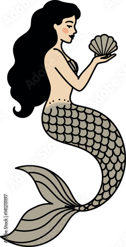Mermaids with long black hair holding seashells in minimal style underwater vector illustration