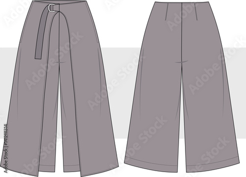 Women wrap capri pants with belt detail  fashion flat technical drawing illustration, vector.  Wide leg, relaxed fit, oversize pants, front and back view, CAD mockup set.