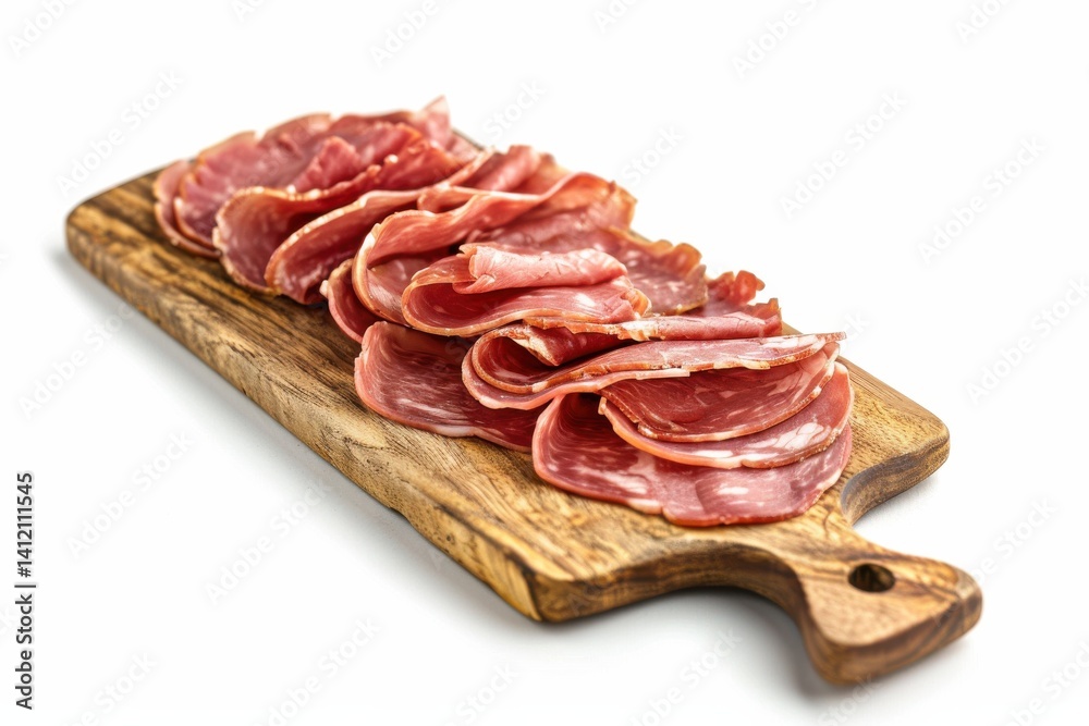 Deliciously arranged slices of cured meat on a rustic wooden serving board isolated on transparent background Deliciously arranged slices of cured meat on a rustic wooden serving board isolated on transparent background