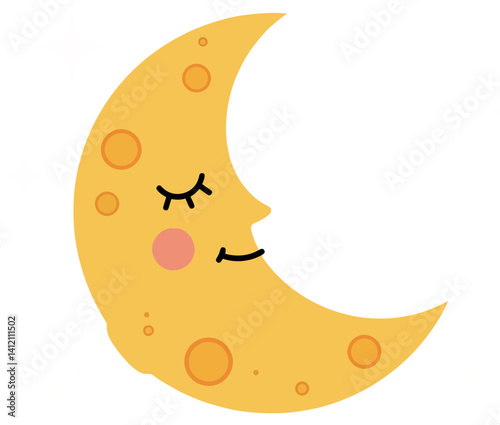 Smiling crescent moon with closed eyes and craters in minimal flat style vector illustration