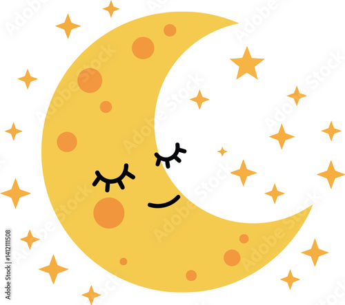 Cute sleeping crescent moon with closed eyes surrounded by sparkling stars flat design vector illustration