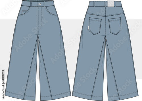 Unisex denim capri  shorts, relaxed fit, boyfriend, mom jeans fashion technical drawing template, illustration, vector. High waist denim short. Front and back view. Women, men, unisex. CAD, mockup.