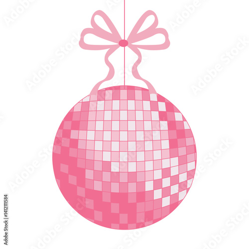 Pink coquette disco ball with ribbon bow. Cute sparkly party decor Illustration