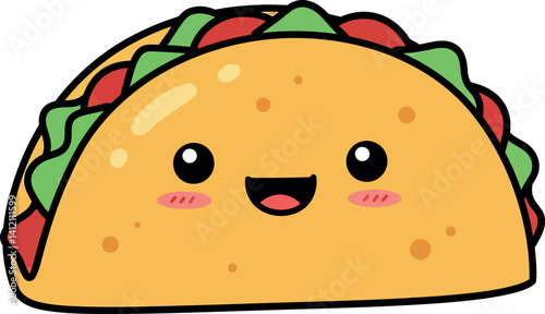 Cute smiling taco with lettuce tomato and cheese in flat cartoon style vector illustration