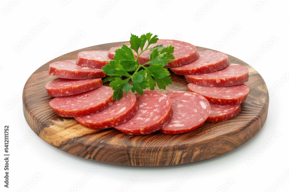 Sliced sausage arranged elegantly with fresh parsley on a rustic wooden cutting board isolated on transparent background Sliced sausage arranged elegantly with fresh parsley on a rustic wooden cutting board isolated on transparent background