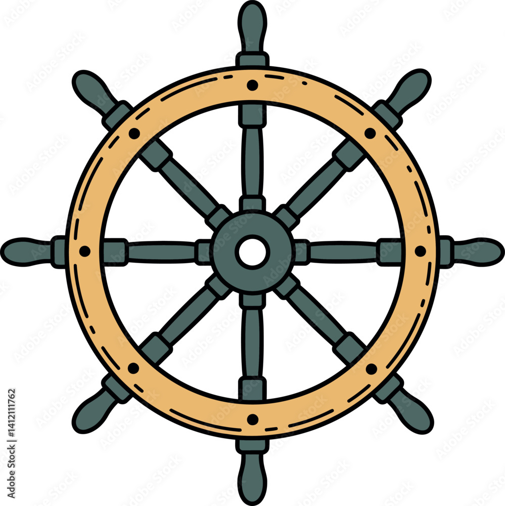 Obraz premium Classic wooden ship steering wheel with eight handles in minimal flat design vector illustration