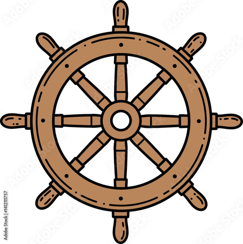 Wooden ship steering wheel with eight handles nautical equipment flat design vector illustration