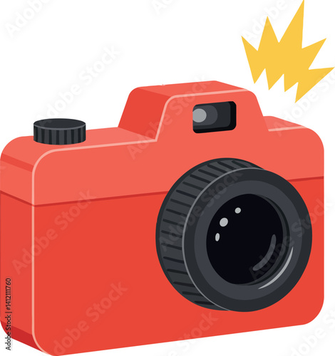 Red compact camera with lens flare flat design digital photography equipment vector illustration