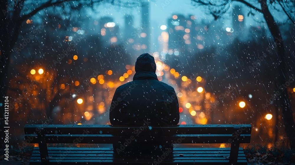 A lonely man sits on a park bench in the rain surrounded by the blurred lights of the city long title A solitary figure is silhouetted against the