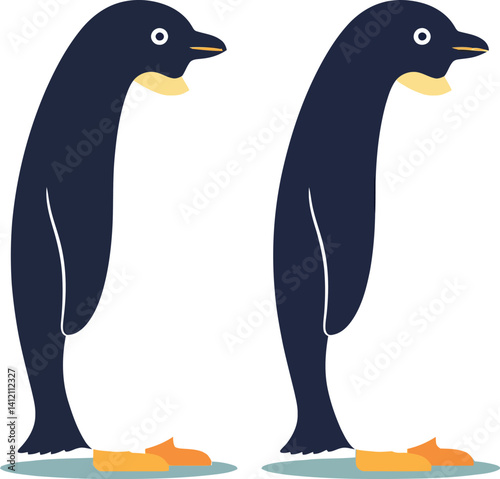 Two standing penguins side view flat design minimal vector illustration with simple shapes and muted colors
