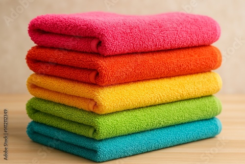 Colorful Towels Stacked Neatly on a Table in a Warm Indoor Setting Creating a...