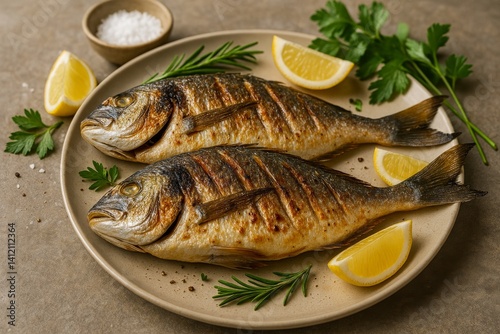 Grilled Fish Served on a Plate With Lemon Slices and Fresh Herbs