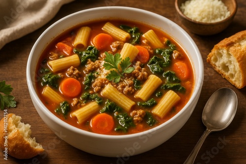 Flavorful Pasta Soup With Vegetables and Herbs Served in a White Bowl