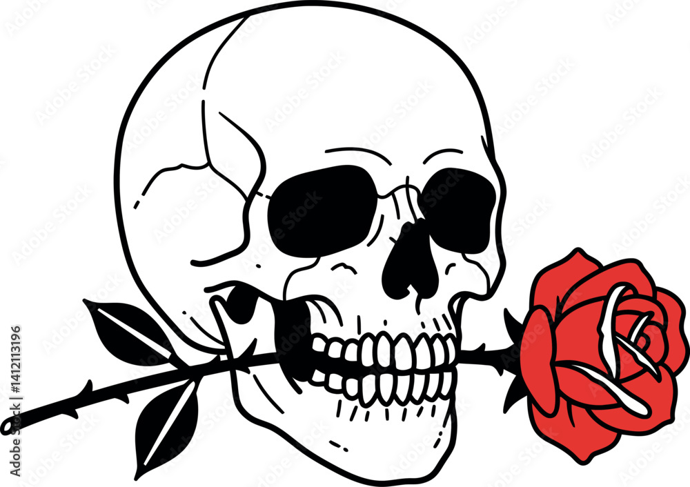 Obraz premium Human skull holding red rose in mouth minimal flat design black and white vector illustration