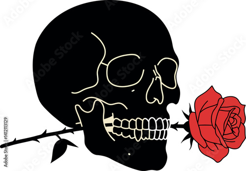 Black human skull holding red rose in mouth flat minimal design dark romantic vector art