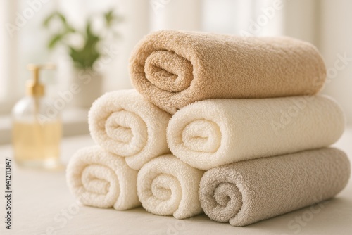 Soft and Cozy Towels Neatly Stacked on a Clean Surface in a Warm and Inviting...