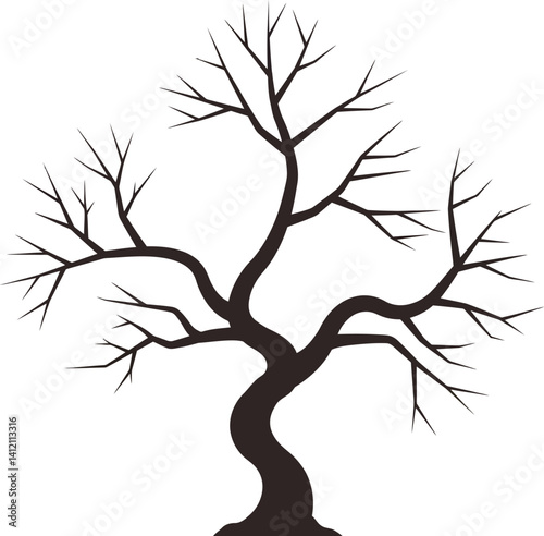 Leafless twisted tree with bare branches in minimal black silhouette flat design vector illustration