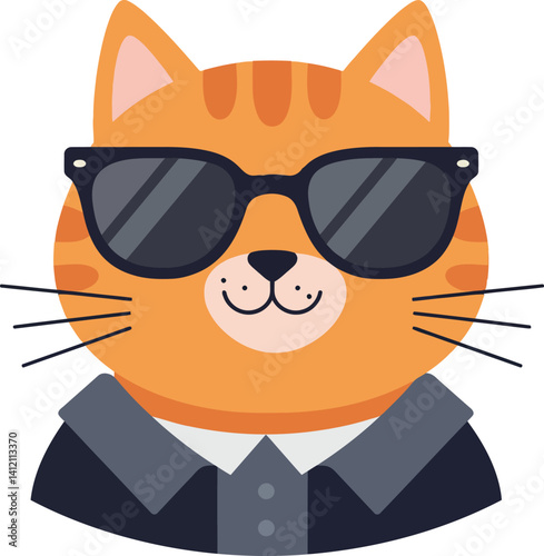 Cool orange tabby cat wearing black sunglasses and a dark shirt flat design vector illustration