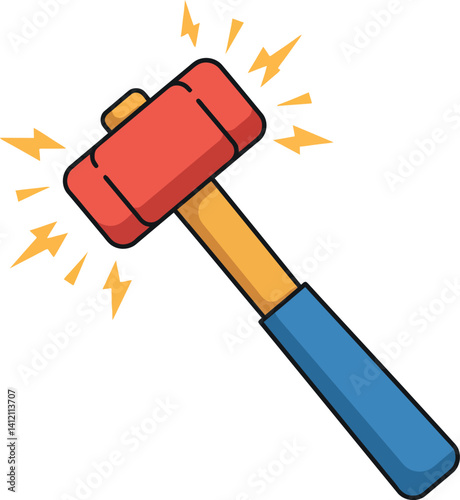 Red hammer with wooden handle and blue grip in cartoon style with yellow sparks flat vector illustration