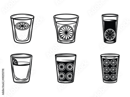 Glass of citrus fruit drink beverage illustration set silhouette isolated on white background