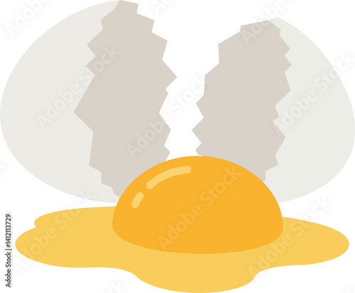 Broken white eggshell with bright yellow yolk in flat minimal style simple vector illustration