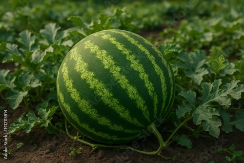 Freshly Grown Watermelon Resting on the Ground in a Vibrant Farm Field During...