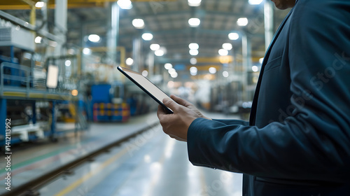 Professional businessman using digital tablet on industrial factory shop floor