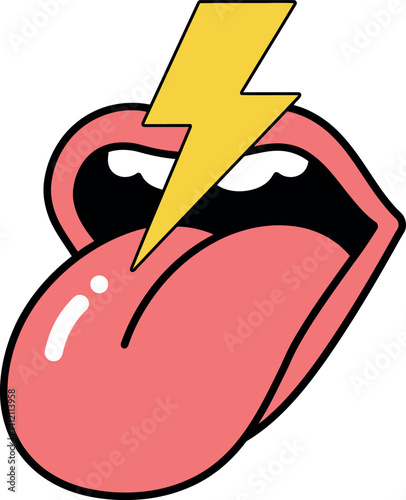 Open mouth with sticking tongue and yellow lightning bolt flat design minimal vector illustration