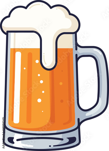 Beer mug with frothy foam head in flat design style bright amber drink vector illustration