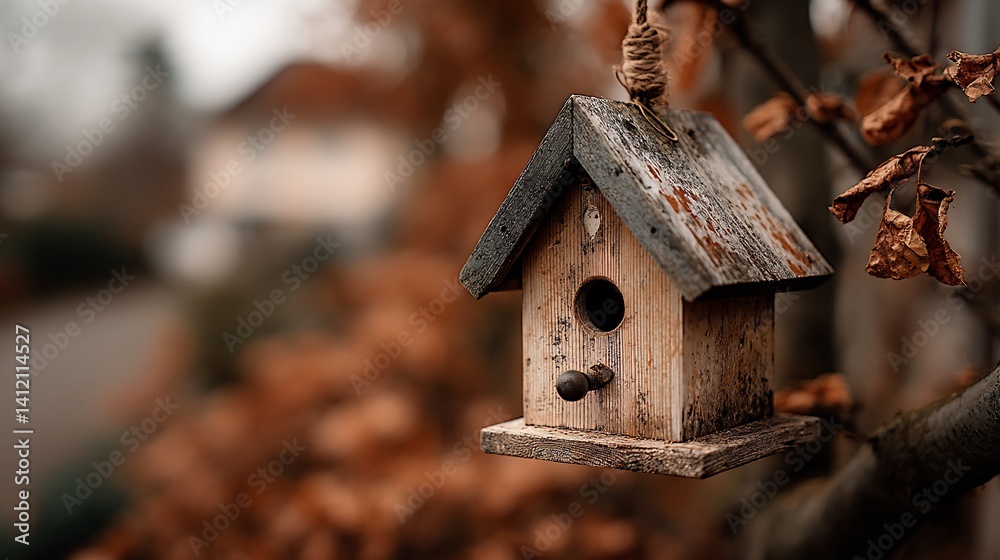 Wooden birdhouse hanging from a branch (1)