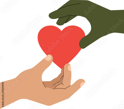 Two hands exchanging red heart symbol flat design minimal vector illustration