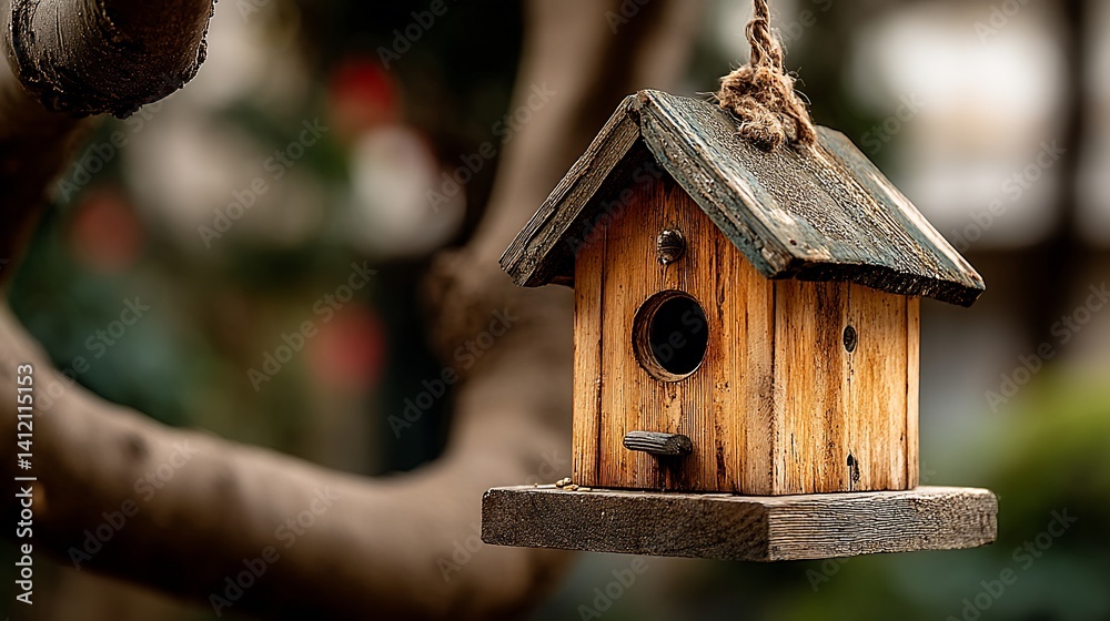 Wooden birdhouse hanging from branch