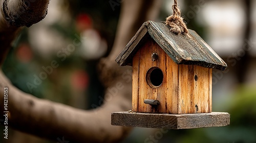 Obraz na płótnie Wooden birdhouse hanging from branch w salonie