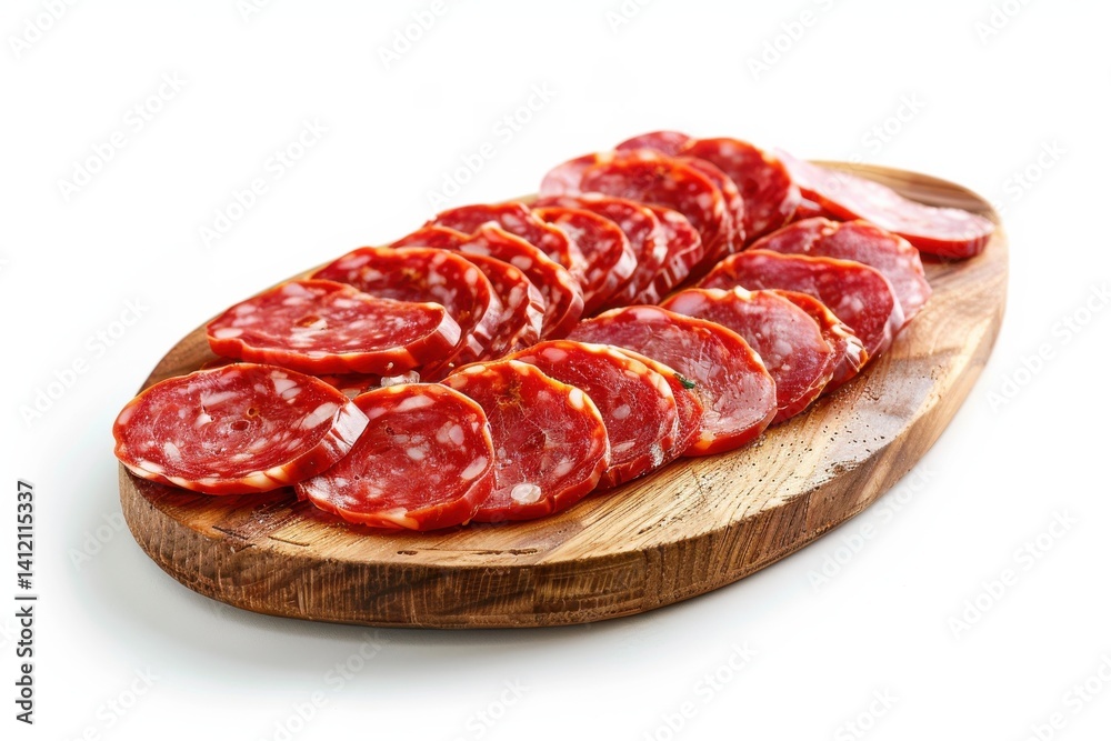 Sliced cured sausage arranged artfully on a wooden platter for a gourmet tasting experience isolated on transparent background Sliced cured sausage arranged artfully on a wooden platter for a gourmet tasting experience isolated on transparent background